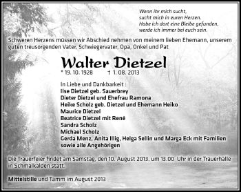 Traueranzeige von Walter Dietzel von Südthüringer Presse