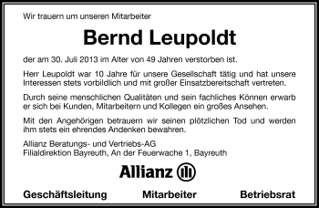 Traueranzeige von Bernd Leupoldt von Frankenpost