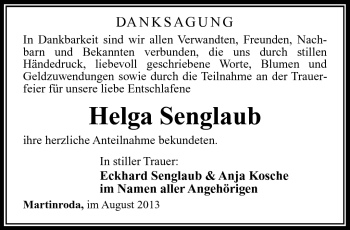 Traueranzeige von Helga Senglaub von Südthüringer Presse