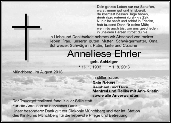 Traueranzeige von Anneliese Ehrler von Frankenpost