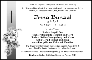 Traueranzeige von Irma Bunzel von Südthüringer Presse