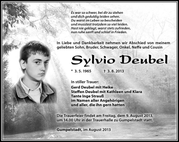 Traueranzeige von Sylvio Deubel von Südthüringer Presse
