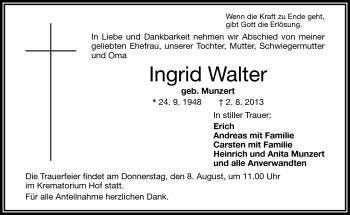 Traueranzeige von Ingrid Walter von Frankenpost