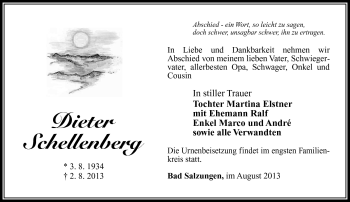 Traueranzeige von Dieter Schellenberg von Südthüringer Presse