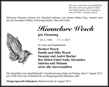 Traueranzeige von Hannelore Wesch von Südthüringer Presse
