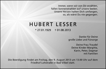 Traueranzeige von Hubert Rudolf Lesser von Südthüringer Presse