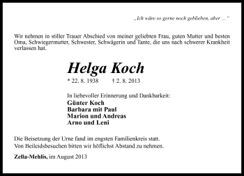 Traueranzeige von Helga Koch von Südthüringer Presse