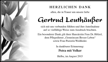 Traueranzeige von Gertrud Leuthäuser von Südthüringer Presse