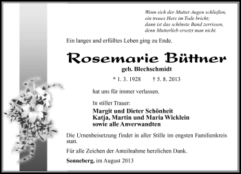 Traueranzeige von Rosemarie Büttner von Südthüringer Presse