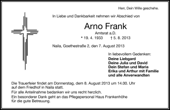 Traueranzeige von Arno Frank von Frankenpost