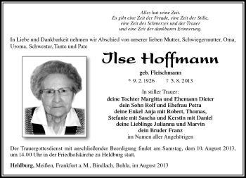Traueranzeige von Ilse Hoffmann von Südthüringer Presse