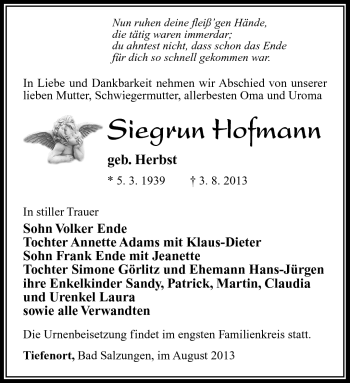 Traueranzeige von Siegrun Hofmann von Südthüringer Presse