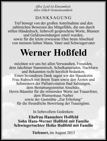 Traueranzeige von Werner Hoßfeld von Südthüringer Presse