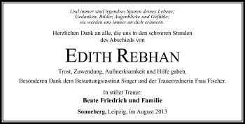 Traueranzeige von Edith Rebhan von Südthüringer Presse