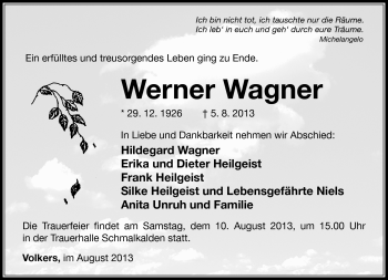 Traueranzeige von Werner Wagner von Südthüringer Presse