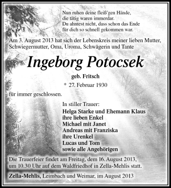Traueranzeige von Ingeborg Potocsek von Südthüringer Presse