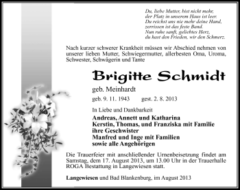 Traueranzeige von Brigitte Schmidt von Südthüringer Presse