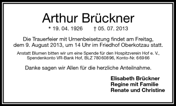 Traueranzeige von Arthur Brückner von Frankenpost