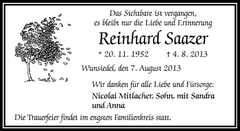 Traueranzeige von Reinhard Saazer von Frankenpost