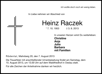 Traueranzeige von Heinz Raczek von Neue Presse Coburg