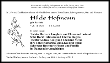 Traueranzeige von Hilde Hofmann von Südthüringer Presse