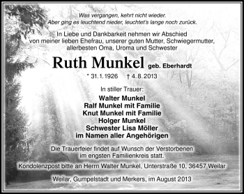 Traueranzeige von Ruth Munkel von Südthüringer Presse