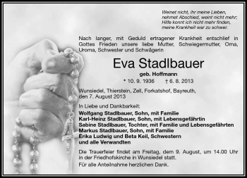Traueranzeige von Eva Stadlbauer von Frankenpost