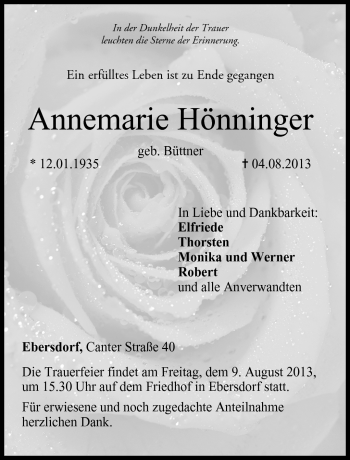 Traueranzeige von Annemarie Hönninger von Neue Presse Coburg
