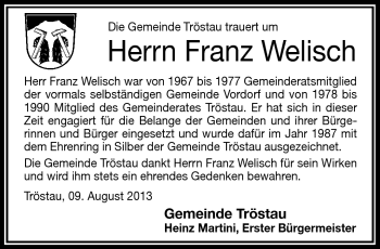 Traueranzeige von Franz Welisch von Frankenpost