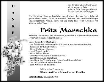 Traueranzeige von Fritz Marschke von Südthüringer Presse