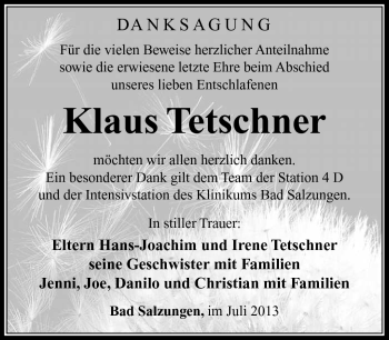 Traueranzeige von Klaus Tetschner von Südthüringer Presse