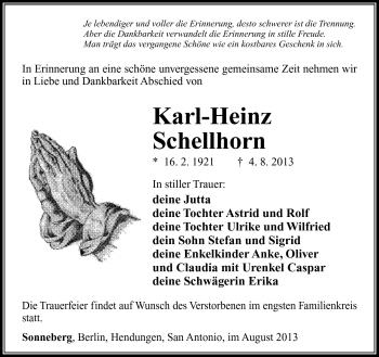 Traueranzeige von Karl-Heinz Schellhorn von Südthüringer Presse