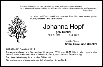 Traueranzeige von Johanna Hopf von Neue Presse Coburg