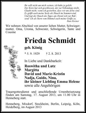 Traueranzeige von Frieda Schmidt von Südthüringer Presse