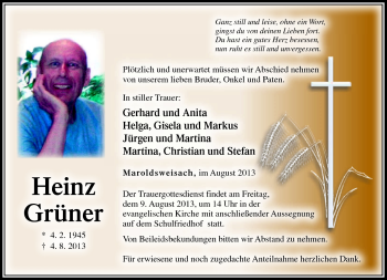 Traueranzeige von Hienz Grüner von Neue Presse Coburg