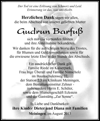 Traueranzeige von Gutrun Barfuß von Südthüringer Presse