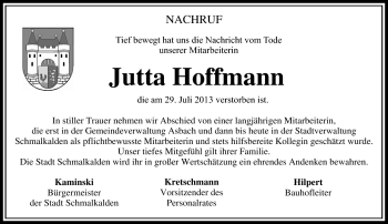 Traueranzeige von Jutta Hoffmann von Südthüringer Presse