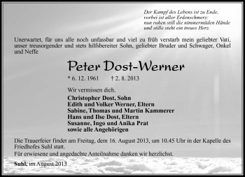 Traueranzeige von Peter Dost-Werner von Südthüringer Presse