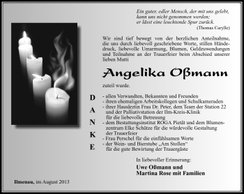 Traueranzeige von Angelika Oßmann von Südthüringer Presse