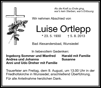 Traueranzeige von Luise Ortlepp von Frankenpost