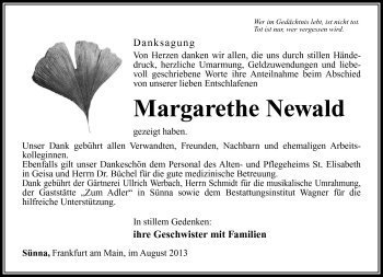 Traueranzeige von Margarethe Newald von Südthüringer Presse
