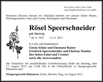 Traueranzeige von Rösel Speerschneider von Südthüringer Presse