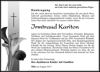 Traueranzeige von Irmtraud Kariton von Südthüringer Presse
