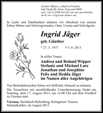 Traueranzeige von Ingrid Jäger von Südthüringer Presse