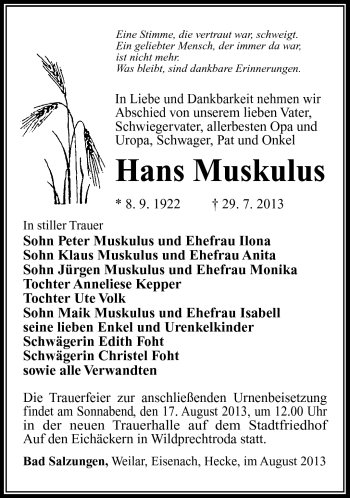 Traueranzeige von Hans Muskulus von Südthüringer Presse