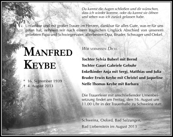 Traueranzeige von Manfred keybe von Südthüringer Presse