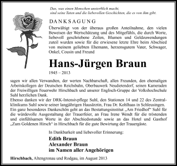 Traueranzeige von Hans-Jürgen Braun von Südthüringer Presse