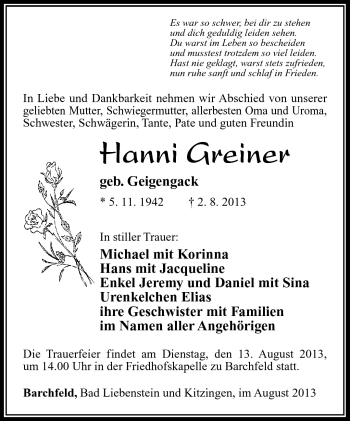 Traueranzeige von Hanni Greiner von Südthüringer Presse