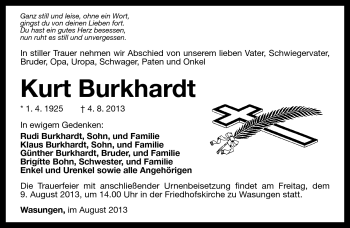 Traueranzeige von Kurt Burkhardt von Südthüringer Presse