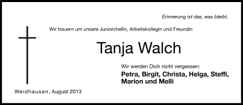 Traueranzeige von Tanja Walch von Neue Presse Coburg